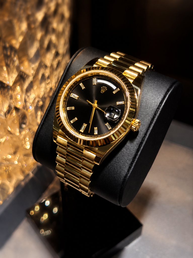 Gold Rolex Day-Date: Black Dial Luxury, Elegance & Timeless Prestige