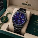 Black Rolex concept watch with a purple-blue dial and luminous markers displayed inside a luxury green presentation box.