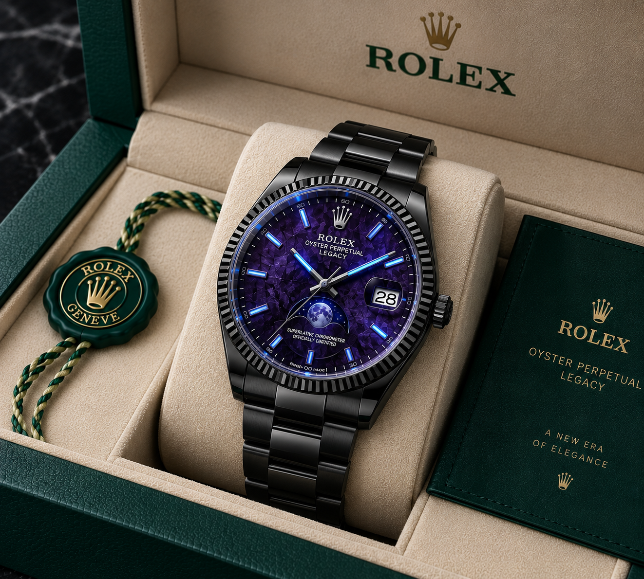 Black Rolex concept watch with a purple-blue dial and luminous markers displayed inside a luxury green presentation box.