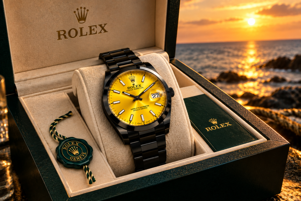 Rolex 2027 concept watch with yellow gold dial and black bracelet displayed in a luxury presentation box at sunse