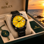 Rolex 2027 concept watch with yellow gold dial and black bracelet displayed in a luxury presentation box at sunse