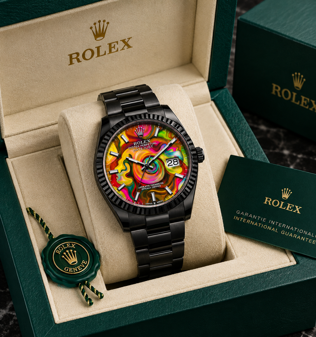 Rolex Datejust multicolor dial with black bracelet in luxury watch box