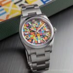 Rolex Oyster Perpetual 36 with a colorful multicoloured Jubilee-inspired dial and stainless steel bracelet.