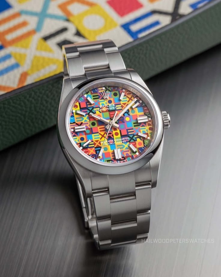 Rolex Oyster Perpetual 36 with a colorful multicoloured Jubilee-inspired dial and stainless steel bracelet.